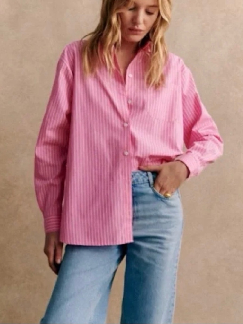 Sézane Max Shirt – Pink & White Stripe – Size 36